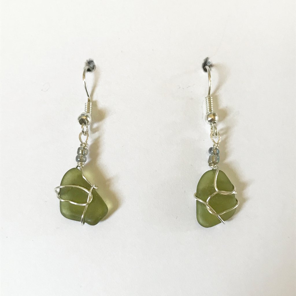 Rare Olive Moss Green Sea Glass Earrings Minimalist Ocean Festival Summer Beach